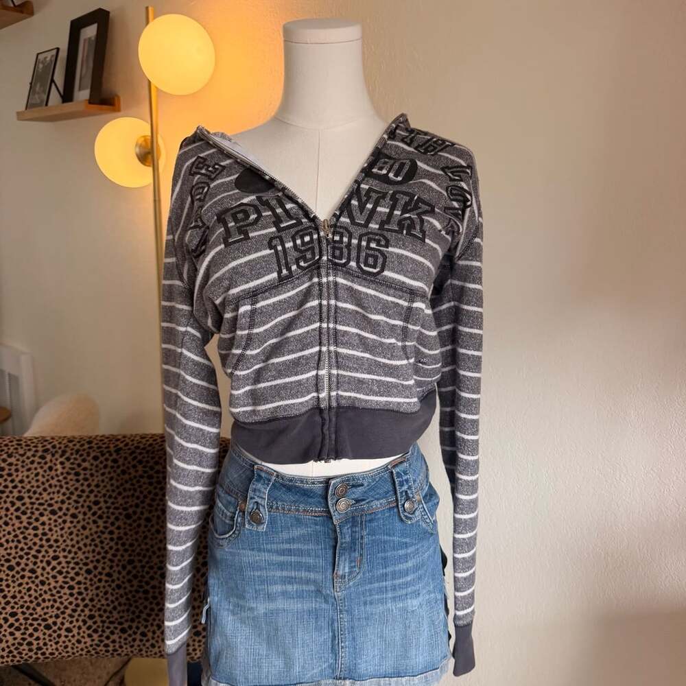 Pink Victoria's Secret Zip Up Hoodie Size M Grey Striped Sweatshirt